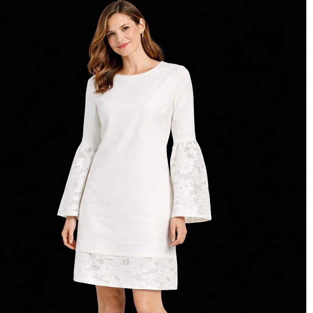 *NWT* Nicole Miller Artelier Dress Womens 4 White Linen Floral Lace Bell Sleeve